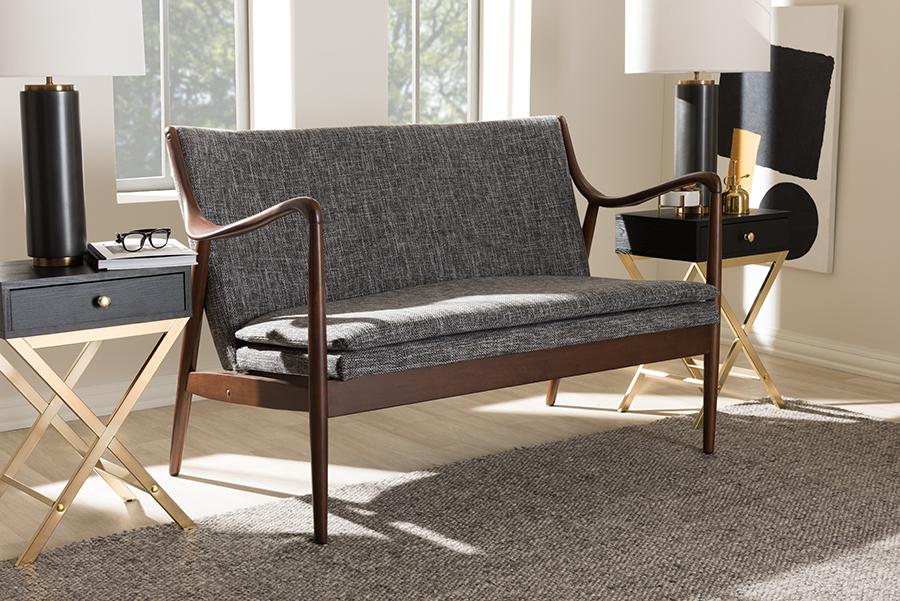 Baxton Studio Shakespeare Mid-Century Modern Walnut Wood Grey Fabric Upholstered 2-seater Loveseat