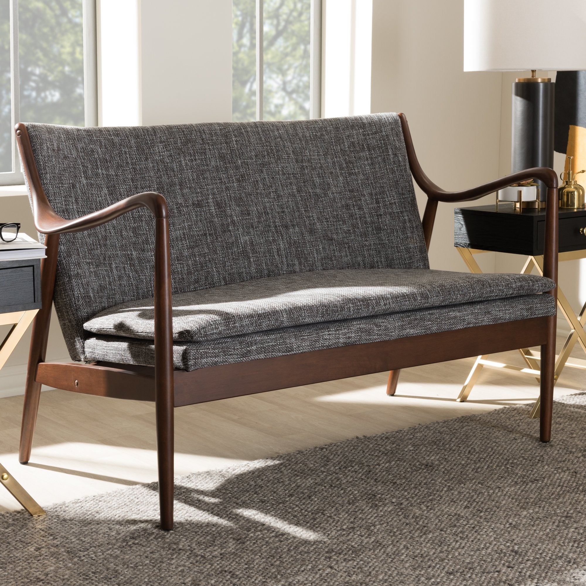 Baxton Studio Shakespeare Mid-Century Modern Walnut Wood Grey Fabric Upholstered 2-seater Loveseat