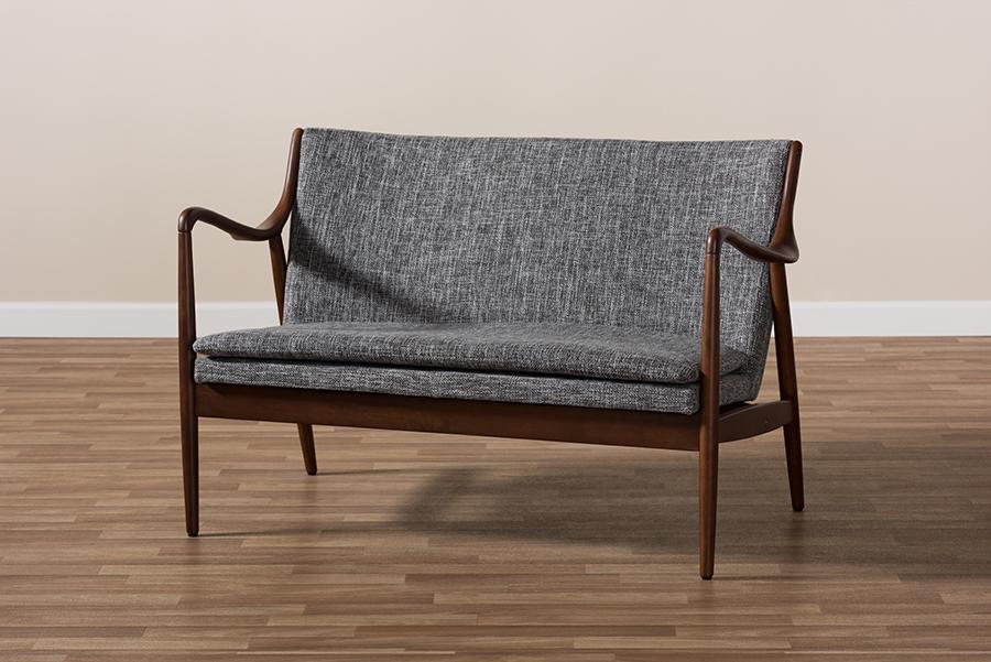 Baxton Studio Shakespeare Mid-Century Modern Walnut Wood Grey Fabric Upholstered 2-seater Loveseat