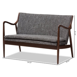 Baxton Studio Shakespeare Mid-Century Modern Walnut Wood Grey Fabric Upholstered 2-seater Loveseat