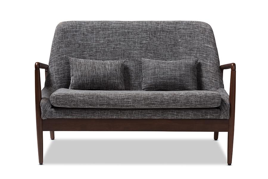 Baxton Studio Carter Mid-Century Modern Walnut Wood Grey Fabric Upholstered 2-seater Loveseat