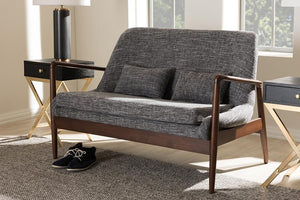 Baxton Studio Carter Mid-Century Modern Walnut Wood Grey Fabric Upholstered 2-seater Loveseat