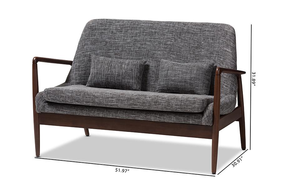 Baxton Studio Carter Mid-Century Modern Walnut Wood Grey Fabric Upholstered 2-seater Loveseat