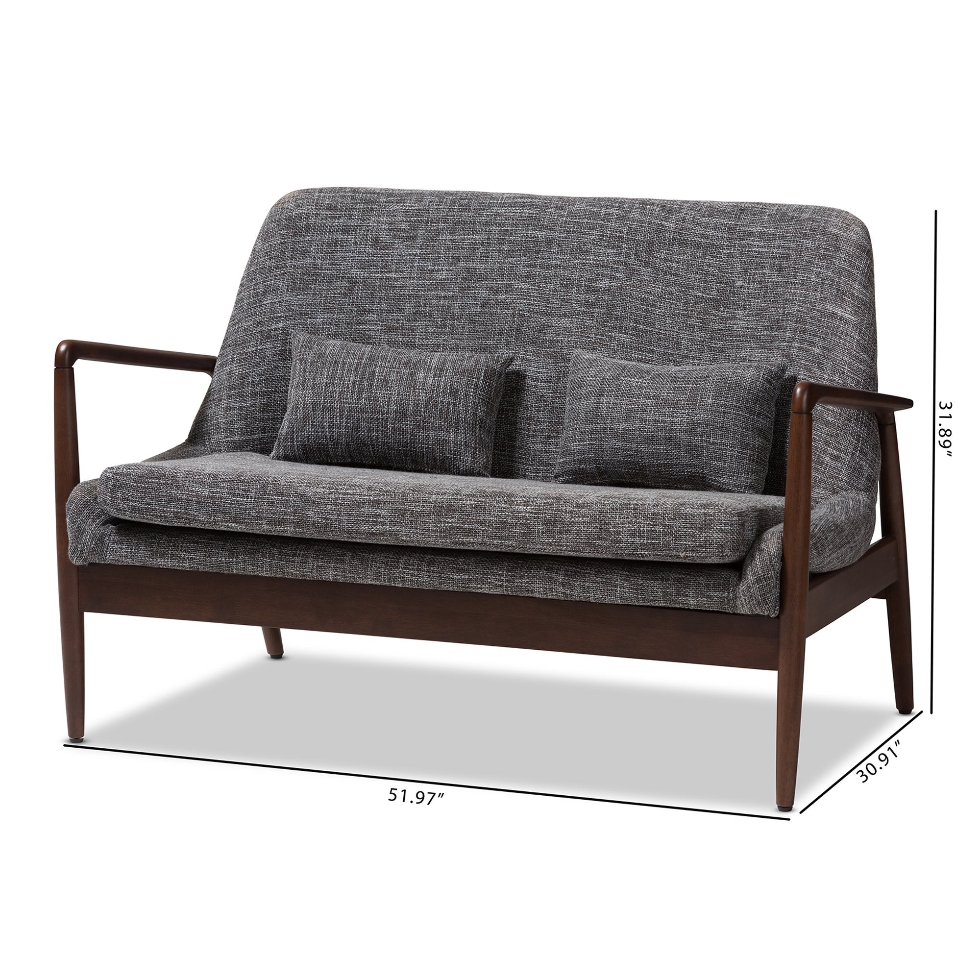 Baxton Studio Carter Mid-Century Modern Walnut Wood Grey Fabric Upholstered 2-seater Loveseat