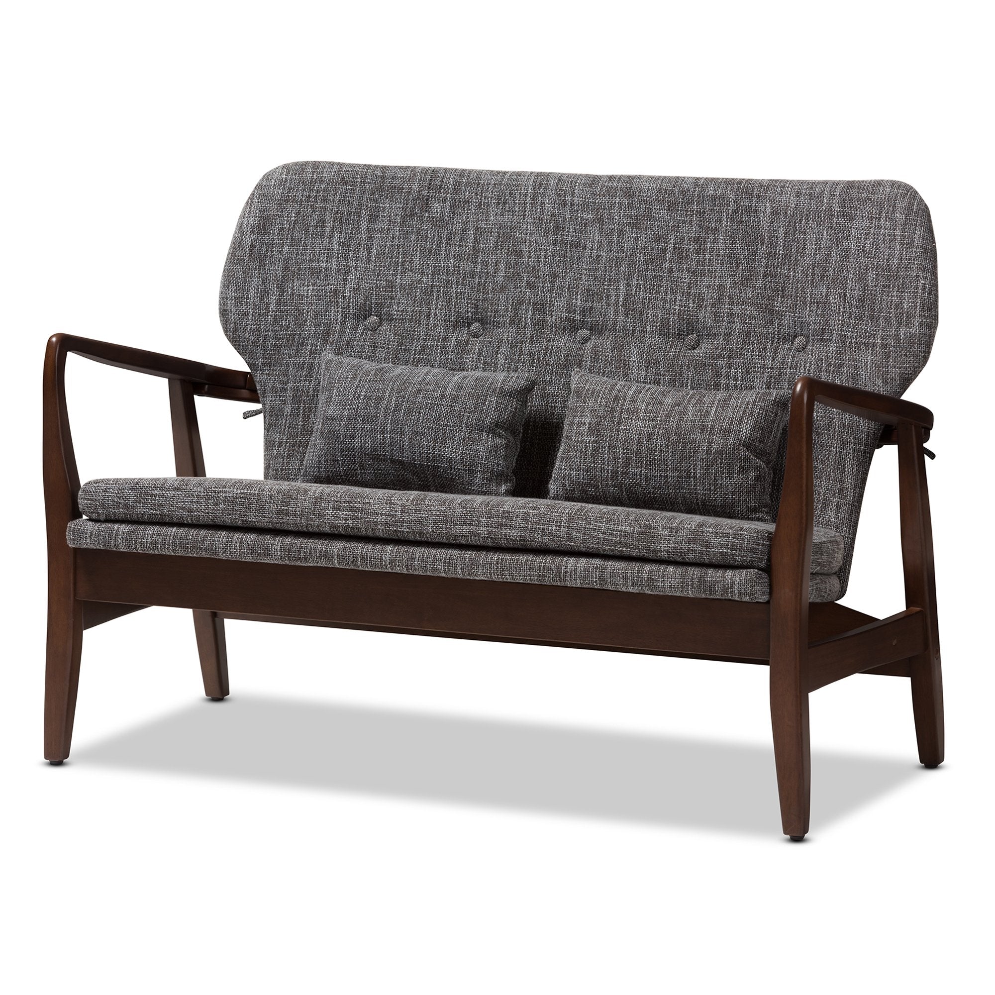 Baxton Studio Rundell Mid-Century Modern Walnut Wood Grey Fabric Upholstered 2-seater Loveseat