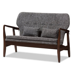 Baxton Studio Rundell Mid-Century Modern Walnut Wood Grey Fabric Upholstered 2-seater Loveseat