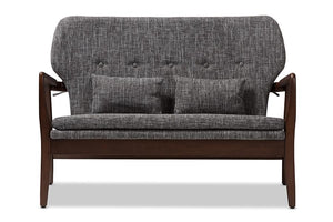 Baxton Studio Rundell Mid-Century Modern Walnut Wood Grey Fabric Upholstered 2-seater Loveseat