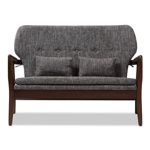 Baxton Studio Rundell Mid-Century Modern Walnut Wood Grey Fabric Upholstered 2-seater Loveseat