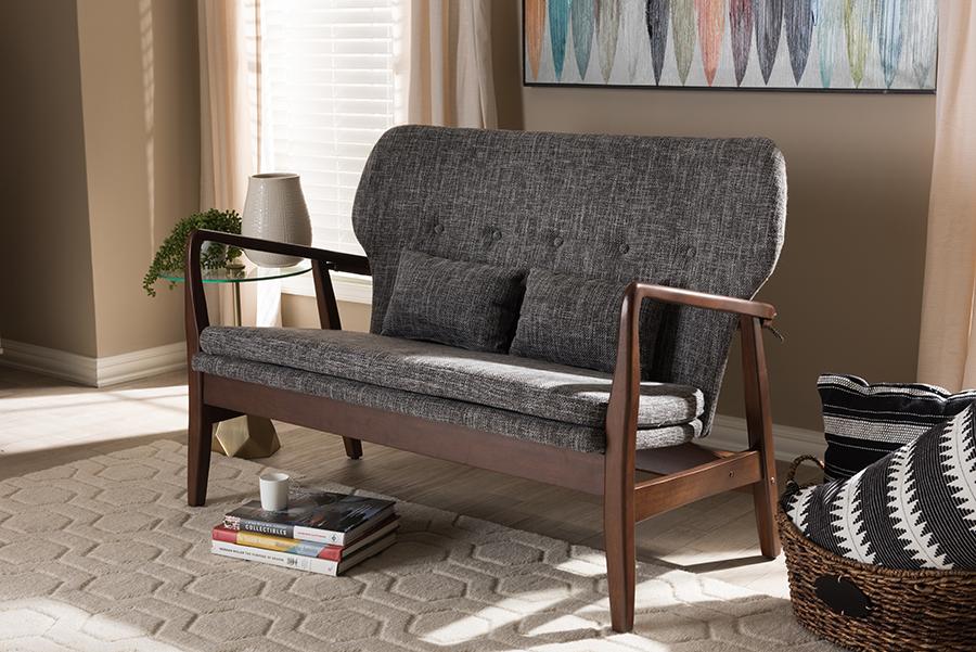 Baxton Studio Rundell Mid-Century Modern Walnut Wood Grey Fabric Upholstered 2-seater Loveseat