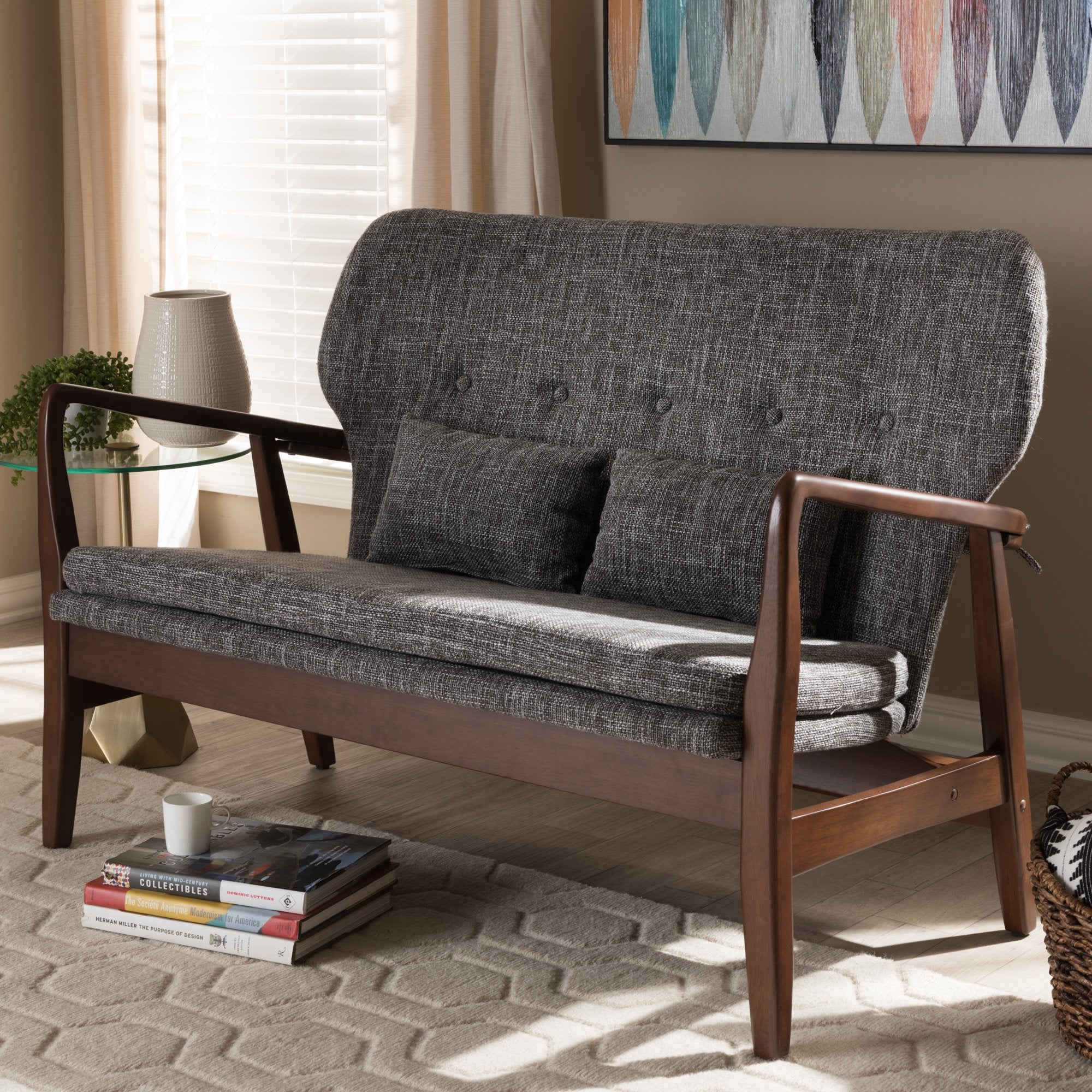 Baxton Studio Rundell Mid-Century Modern Walnut Wood Grey Fabric Upholstered 2-seater Loveseat