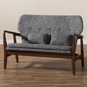 Baxton Studio Rundell Mid-Century Modern Walnut Wood Grey Fabric Upholstered 2-seater Loveseat