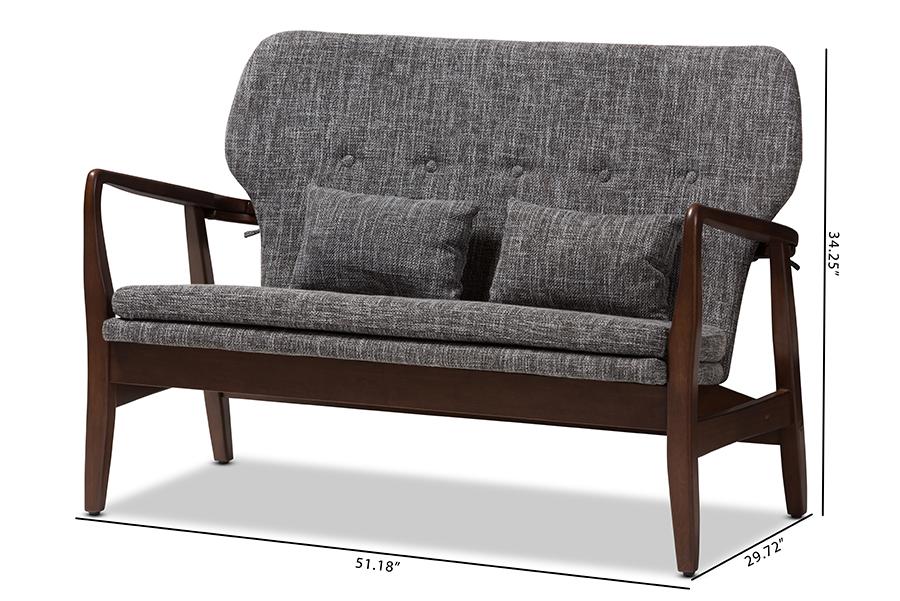 Baxton Studio Rundell Mid-Century Modern Walnut Wood Grey Fabric Upholstered 2-seater Loveseat