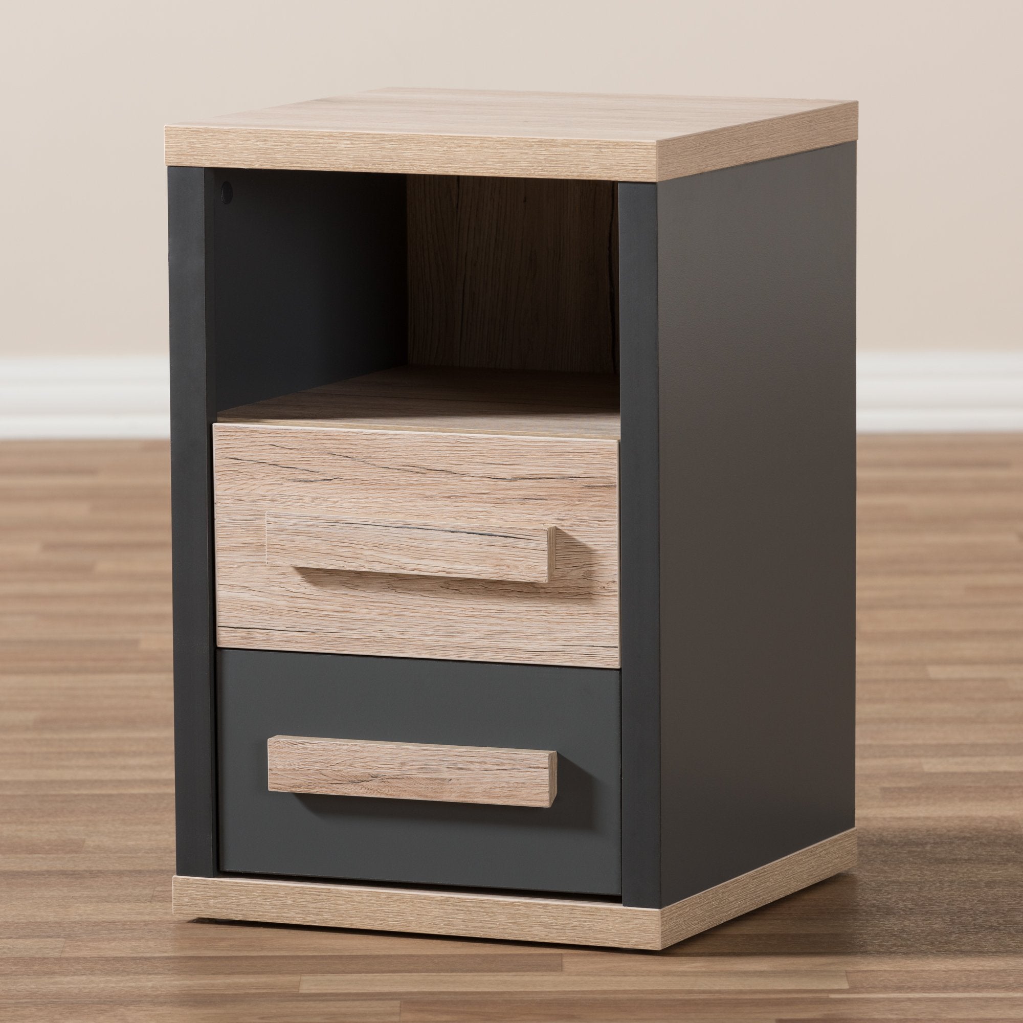 Baxton Studio Pandora Modern and Contemporary Dark Grey and Light Brown Two-Tone 2-Drawer Nightstand