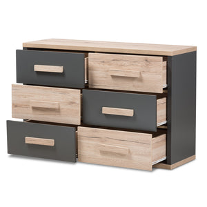 Baxton Studio Pandora Modern and Contemporary Dark Grey and Light Brown Two-Tone 6-Drawer Dresser