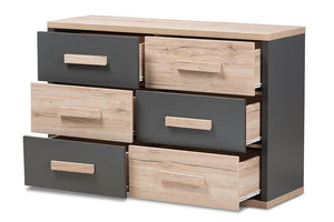 Baxton Studio Pandora Modern and Contemporary Dark Grey and Light Brown Two-Tone 6-Drawer Dresser