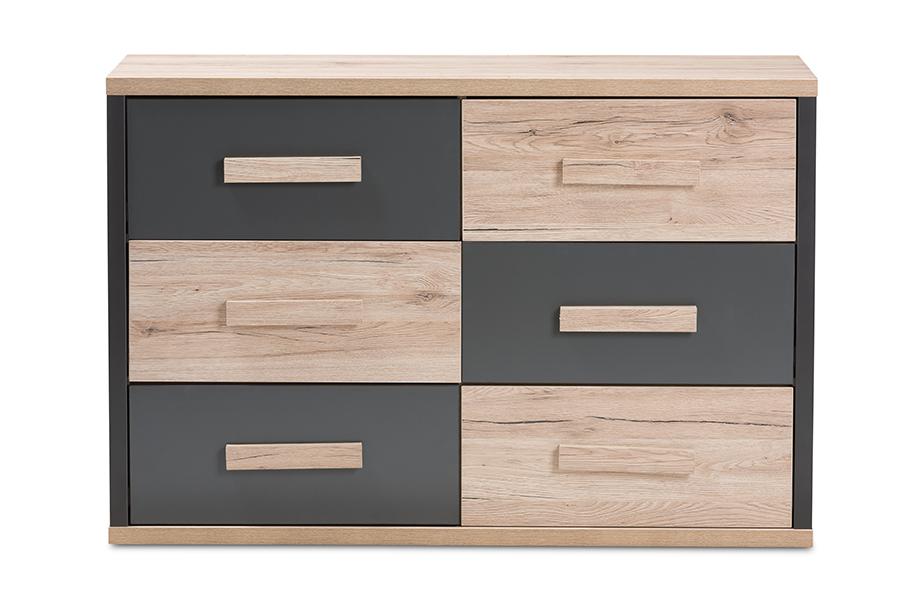 Baxton Studio Pandora Modern and Contemporary Dark Grey and Light Brown Two-Tone 6-Drawer Dresser