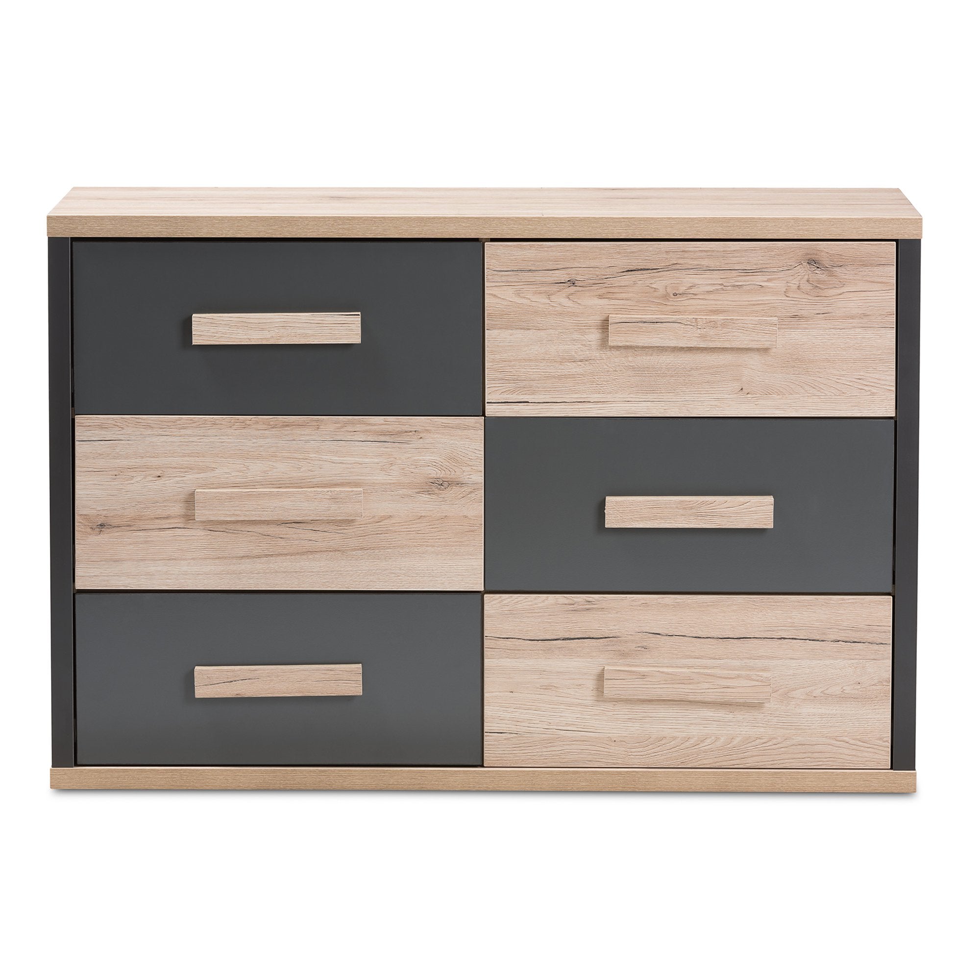 Baxton Studio Pandora Modern and Contemporary Dark Grey and Light Brown Two-Tone 6-Drawer Dresser