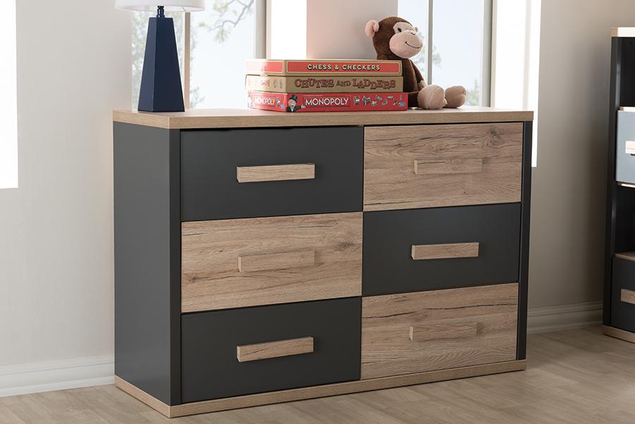 Baxton Studio Pandora Modern and Contemporary Dark Grey and Light Brown Two-Tone 6-Drawer Dresser