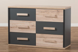 Baxton Studio Pandora Modern and Contemporary Dark Grey and Light Brown Two-Tone 6-Drawer Dresser