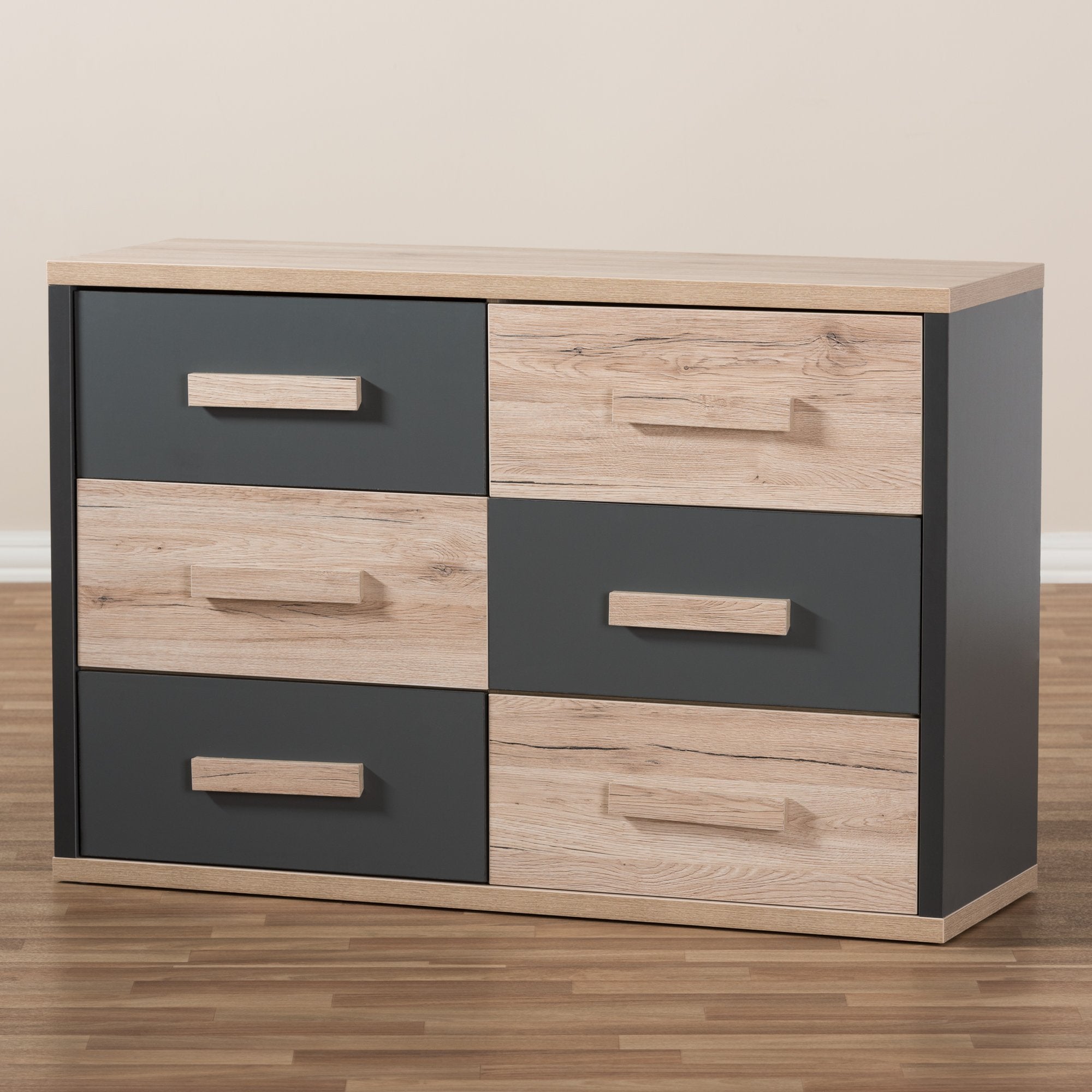 Baxton Studio Pandora Modern and Contemporary Dark Grey and Light Brown Two-Tone 6-Drawer Dresser