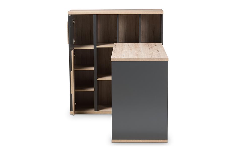 Baxton Studio Pandora Modern and Contemporary Dark Grey and Light Brown Two-Tone Study Desk with Built-in Shelving Unit