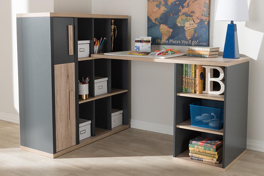 Baxton Studio Pandora Modern and Contemporary Dark Grey and Light Brown Two-Tone Study Desk with Built-in Shelving Unit