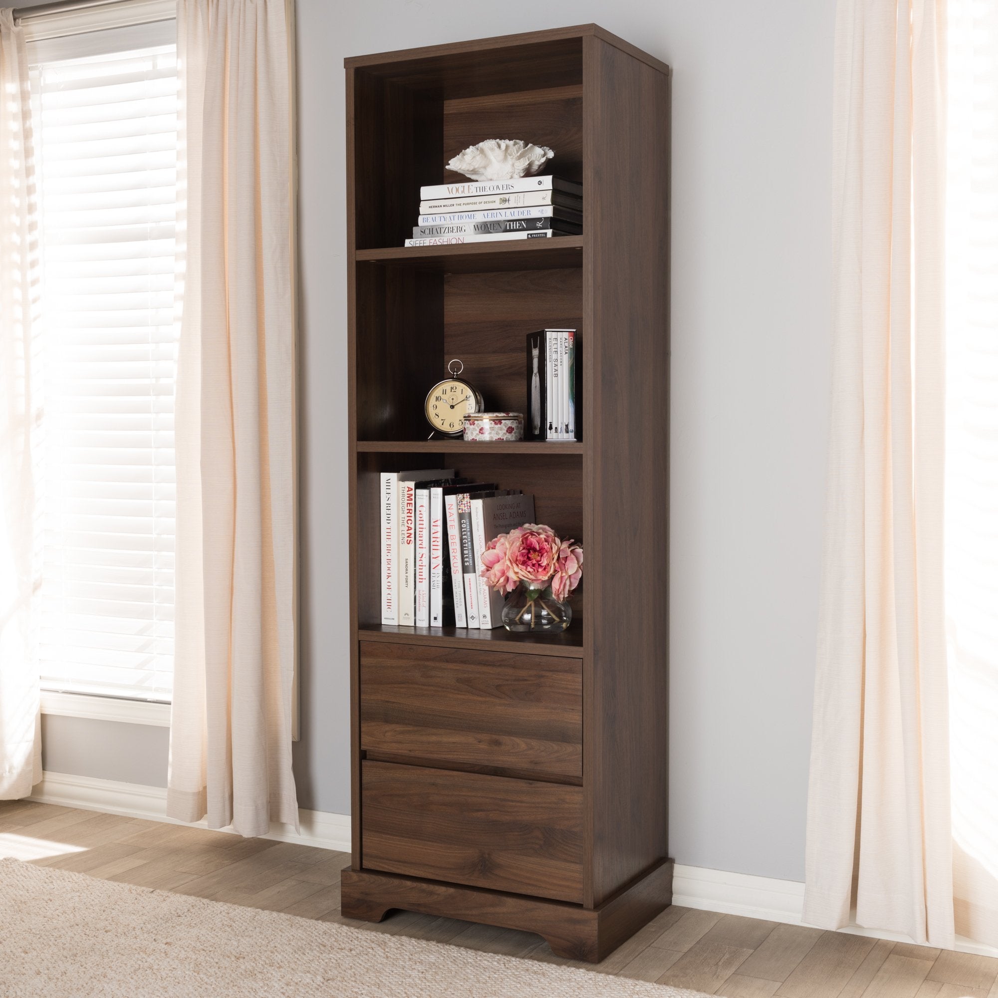 Baxton Studio Burnwood Modern and Contemporary Walnut Brown Finished Wood 2-Drawer Bookcase