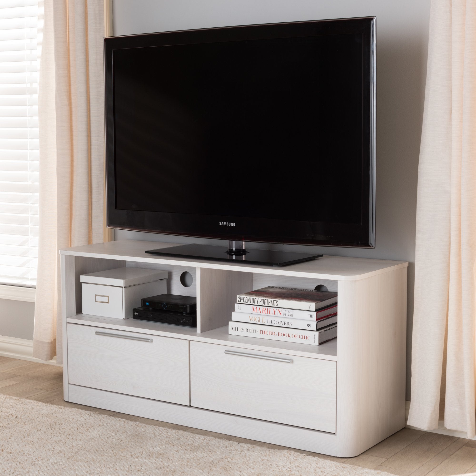 Baxton Studio Carlingford Modern and Contemporary Whitewashed Wood 2-Drawer TV Stand