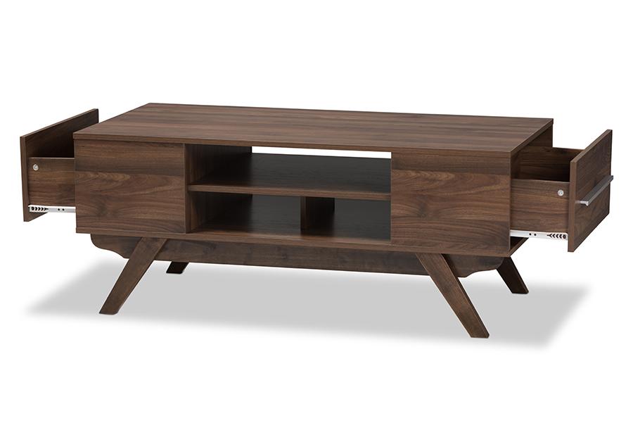 Baxton Studio Ashfield Mid-Century Modern Walnut Brown Finished Wood 2-Drawer Coffee Table