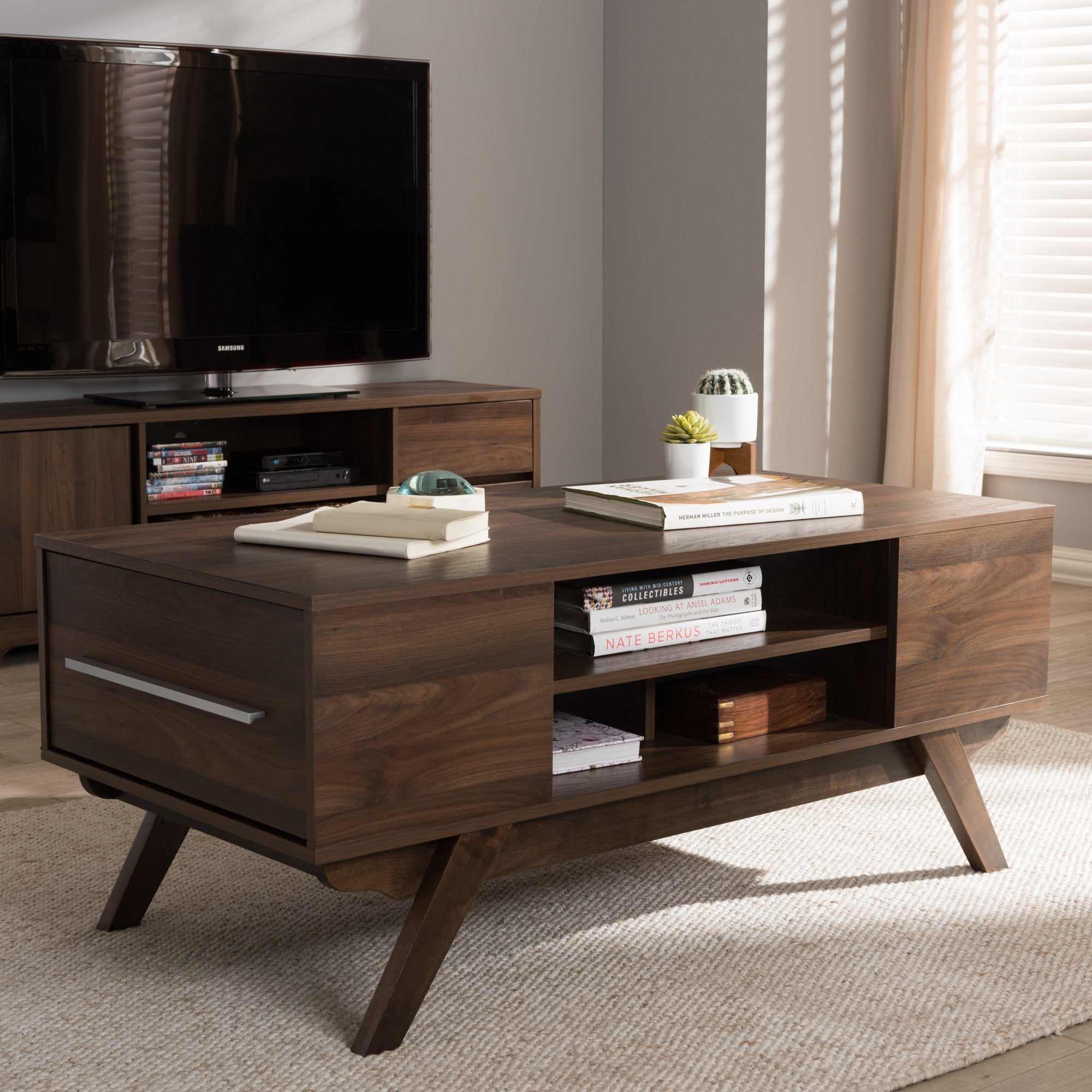 Baxton Studio Ashfield Mid-Century Modern Walnut Brown Finished Wood 2-Drawer Coffee Table