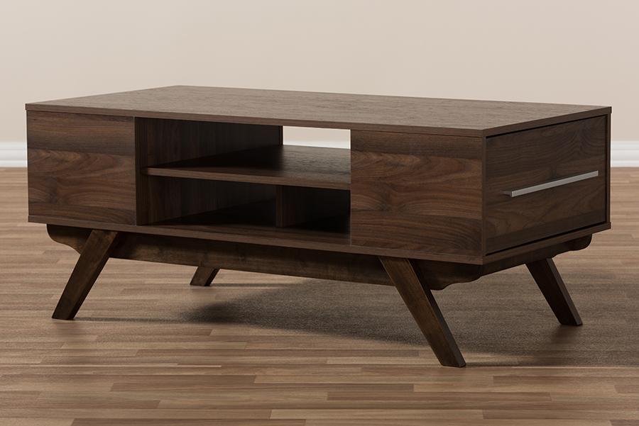 Baxton Studio Ashfield Mid-Century Modern Walnut Brown Finished Wood 2-Drawer Coffee Table