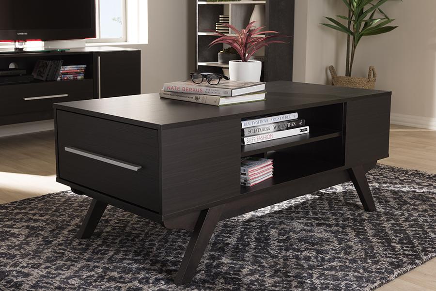 Baxton Studio Ashfield Mid-Century Modern Espresso Brown Finished Wood 2-Drawer Coffee Table