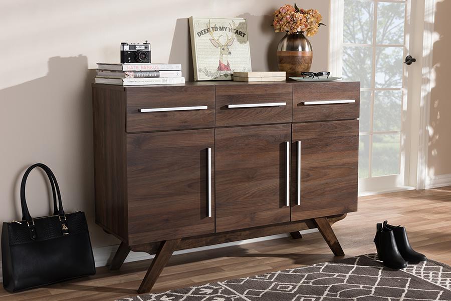 Baxton Studio Ashfield Mid-Century Modern Walnut Brown Finished Wood 3-Drawer Sideboard