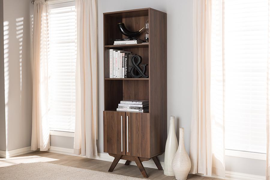 Baxton Studio Ashfield Mid-Century Modern Walnut Brown Finished Wood Bookcase