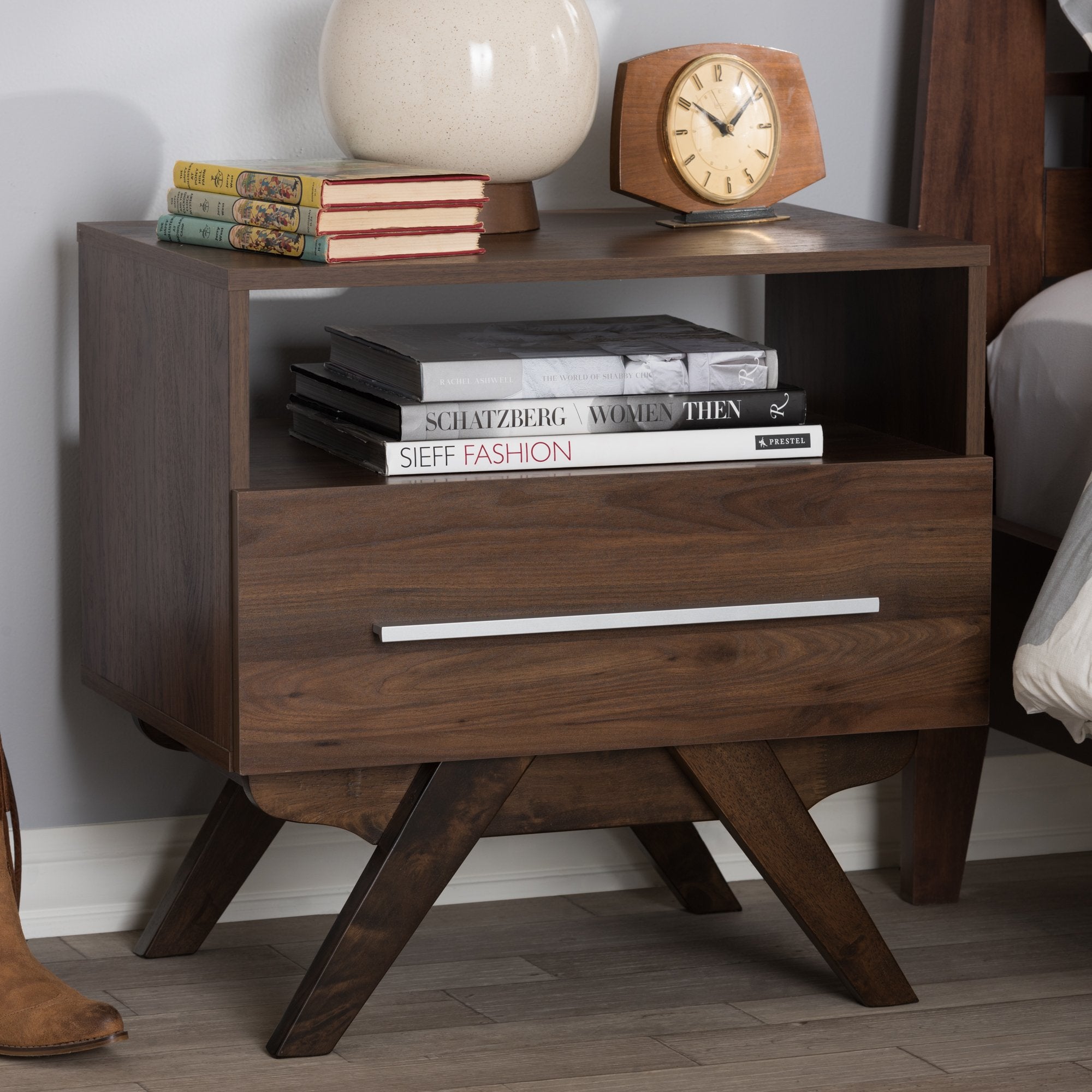 Baxton Studio Ashfield Mid-Century Modern Walnut Brown Finished Wood Nightstand