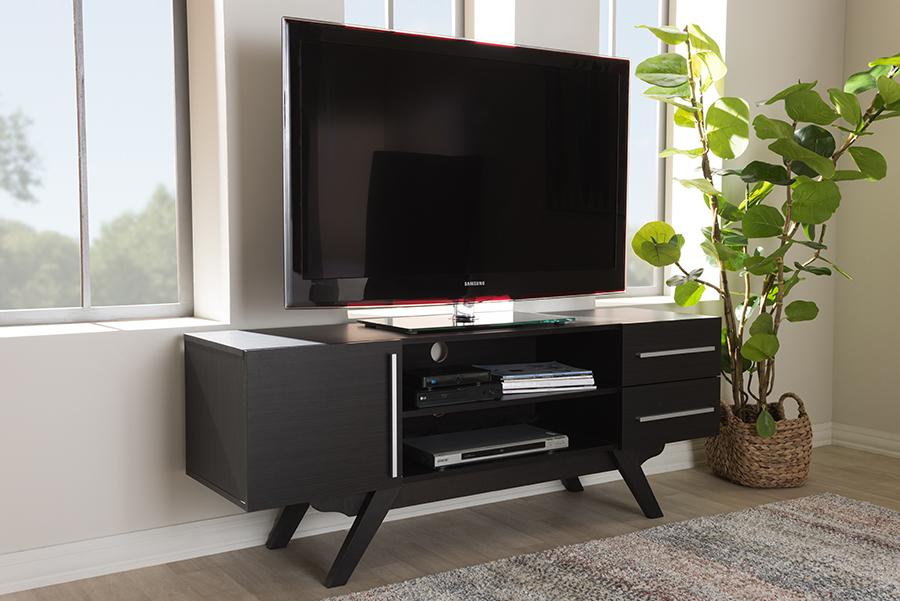 Baxton Studio Ashfield Mid-Century Modern Dark Brown Finished Wood TV Stand