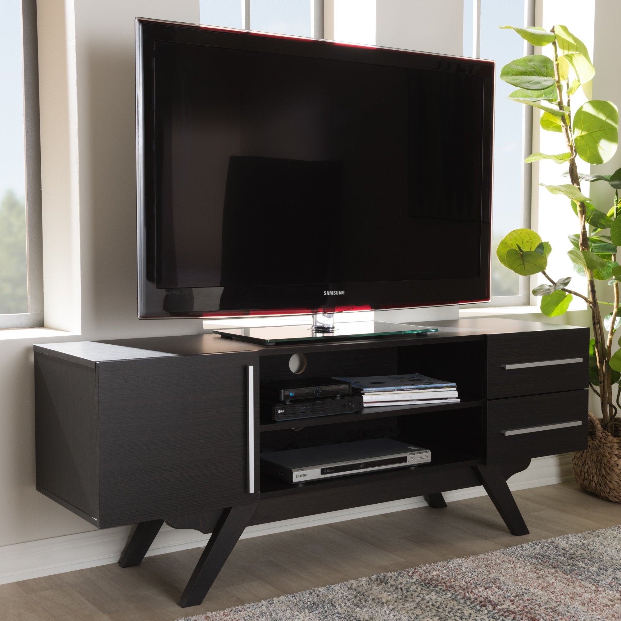 Baxton Studio Ashfield Mid-Century Modern Dark Brown Finished Wood TV Stand