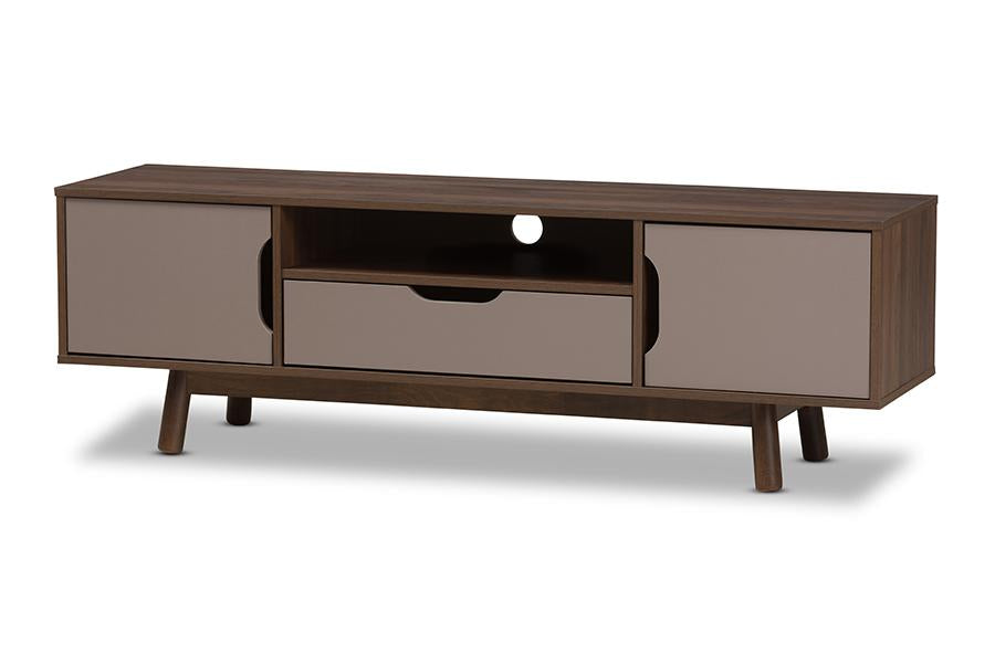 Baxton Studio Britta Mid-Century Modern Walnut Brown and Grey Two-Tone Finished Wood TV Stand