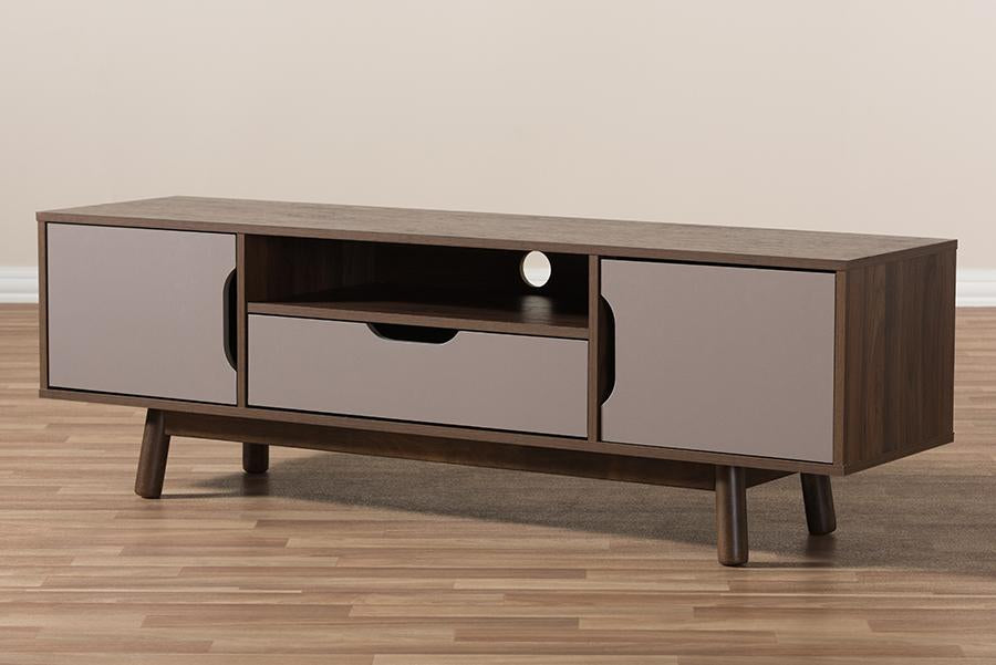 Baxton Studio Britta Mid-Century Modern Walnut Brown and Grey Two-Tone Finished Wood TV Stand