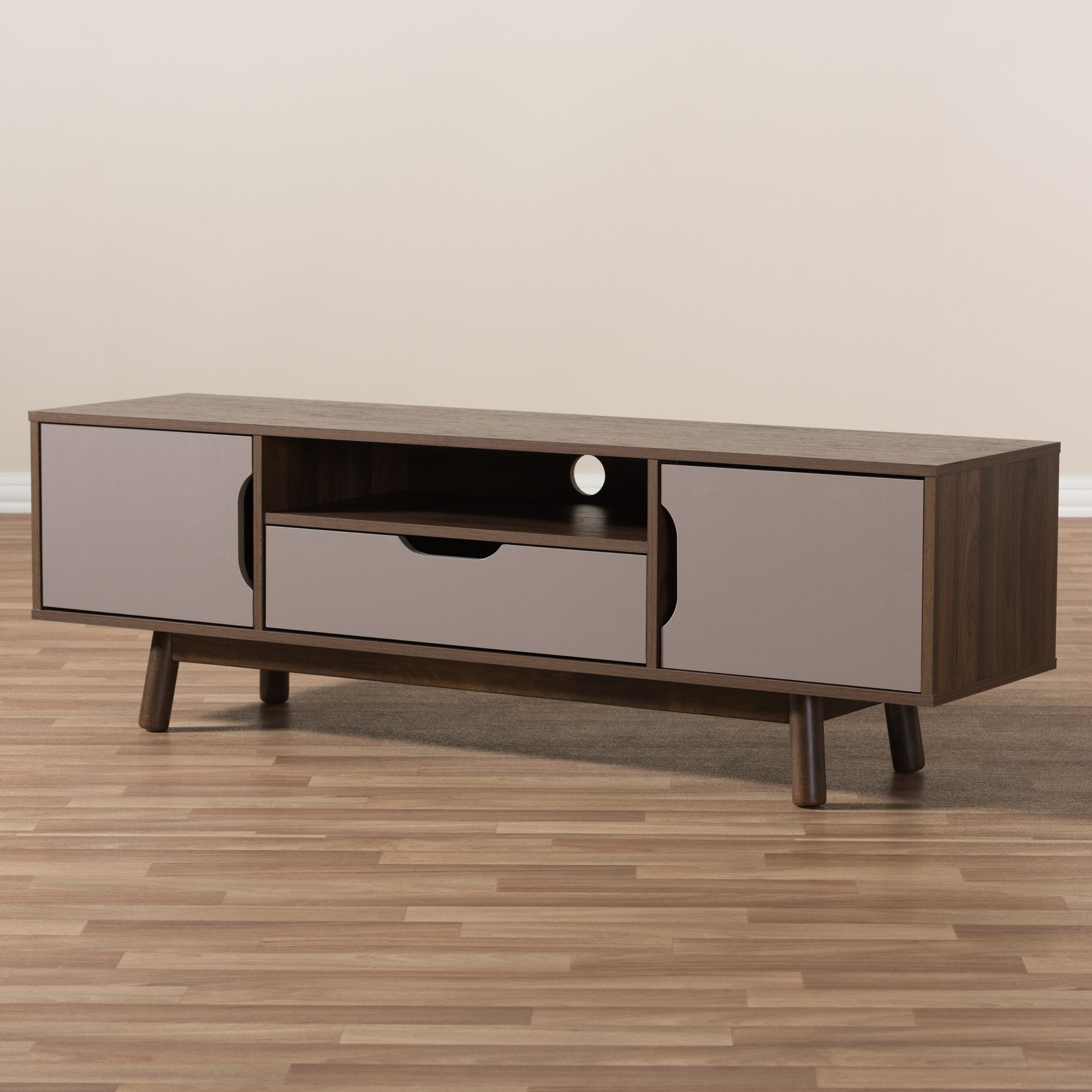 Baxton Studio Britta Mid-Century Modern Walnut Brown and Grey Two-Tone Finished Wood TV Stand