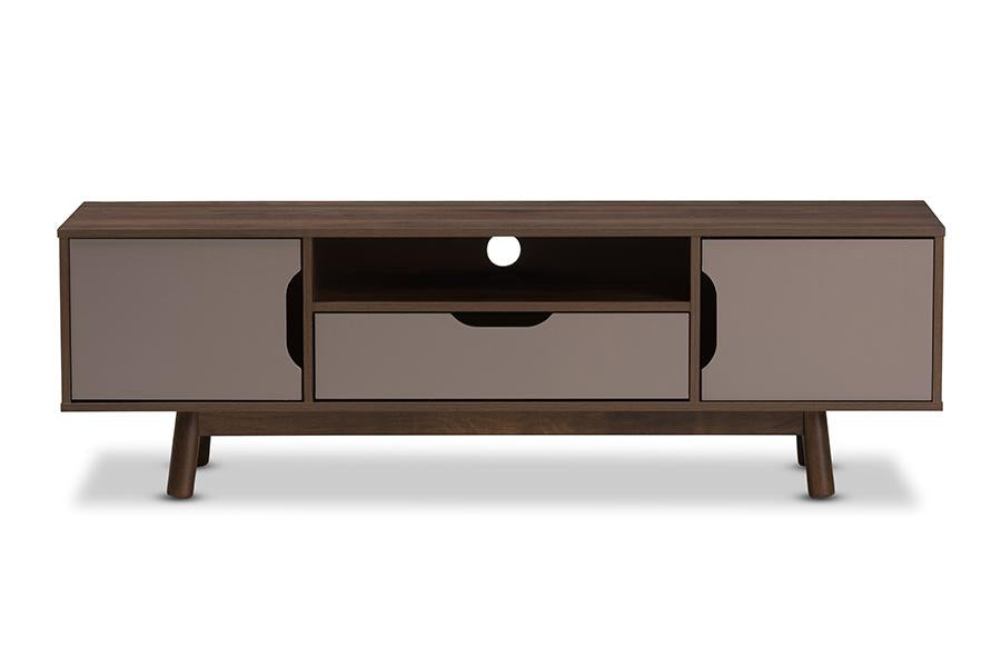 Baxton Studio Britta Mid-Century Modern Walnut Brown and Grey Two-Tone Finished Wood TV Stand