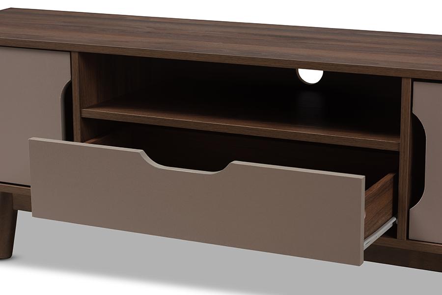 Baxton Studio Britta Mid-Century Modern Walnut Brown and Grey Two-Tone Finished Wood TV Stand