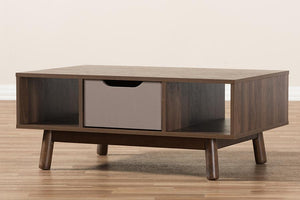 Baxton Studio Britta Mid-Century Modern Walnut Brown and Grey Two-Tone Finished Wood Coffee Table