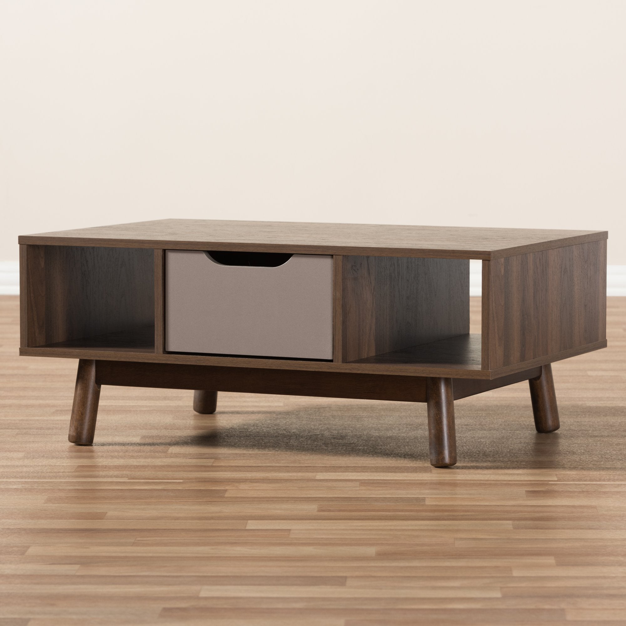 Baxton Studio Britta Mid-Century Modern Walnut Brown and Grey Two-Tone Finished Wood Coffee Table