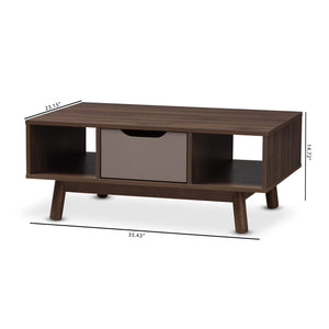 Baxton Studio Britta Mid-Century Modern Walnut Brown and Grey Two-Tone Finished Wood Coffee Table