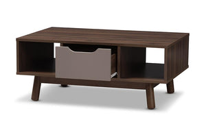 Baxton Studio Britta Mid-Century Modern Walnut Brown and Grey Two-Tone Finished Wood Coffee Table