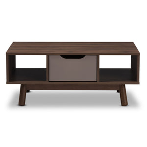 Baxton Studio Britta Mid-Century Modern Walnut Brown and Grey Two-Tone Finished Wood Coffee Table