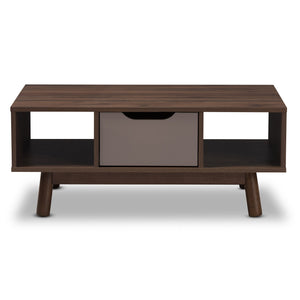 Baxton Studio Britta Mid-Century Modern Walnut Brown and Grey Two-Tone Finished Wood Coffee Table