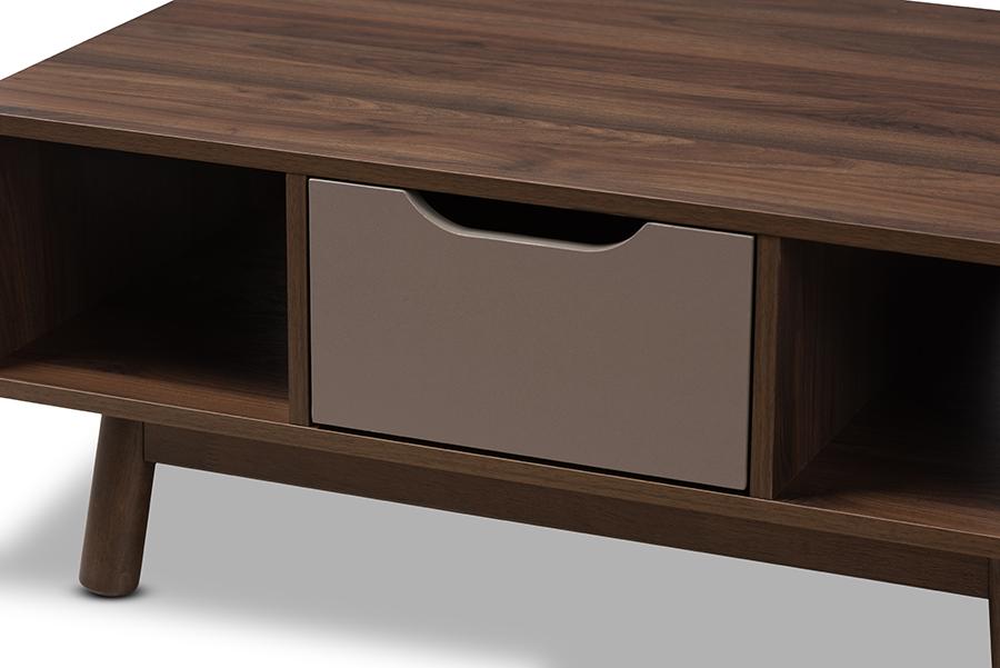 Baxton Studio Britta Mid-Century Modern Walnut Brown and Grey Two-Tone Finished Wood Coffee Table