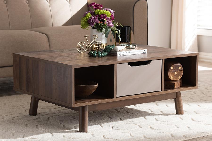 Baxton Studio Britta Mid-Century Modern Walnut Brown and Grey Two-Tone Finished Wood Coffee Table